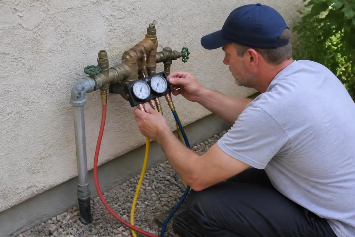 Plumber reading gauges on a backflow test kit attached to an irrigation backflow assembly, backflow testing in Raleigh, NC