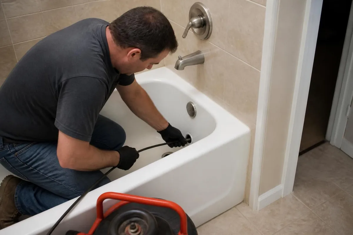 Plumber feeding a drain cable into a bathroom tub drain, drain cleaning in Bailey, NC