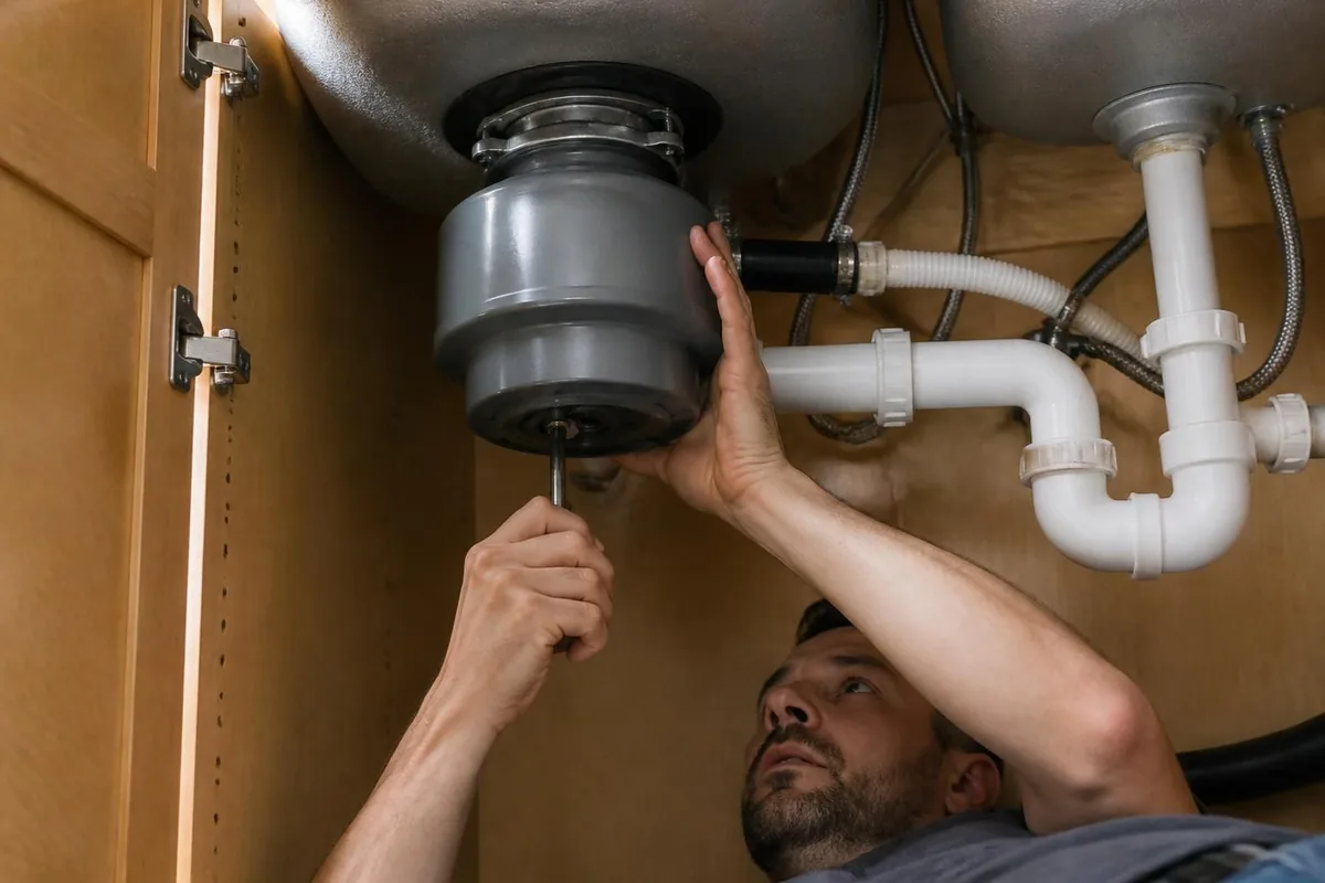 Plumber freeing a jammed garbage disposal with a hex key from below, garbage disposals in Raleigh, NC