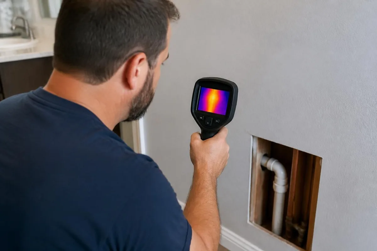 Plumber scanning a wall with a thermal imaging camera for a hidden leak, leak detection in Raleigh, NC