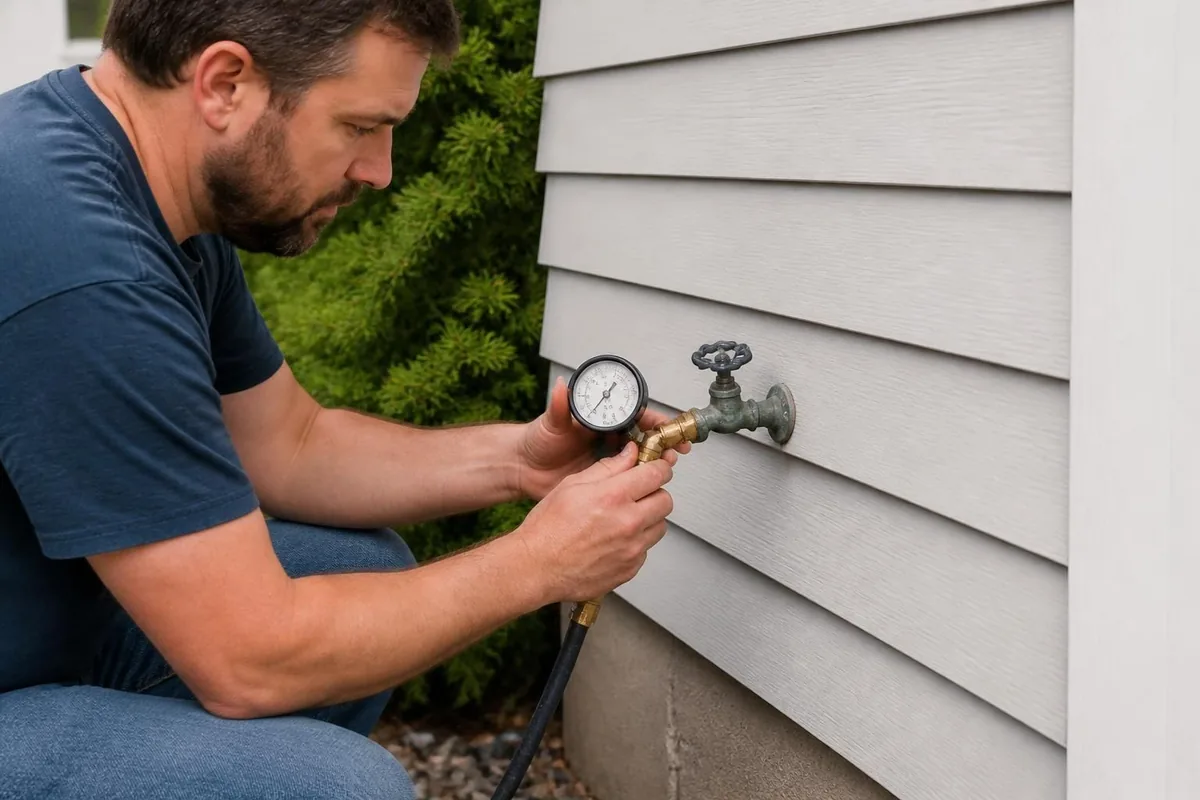 Plumber checking water pressure with a gauge on an outdoor spigot, plumbing inspection in Raleigh, NC