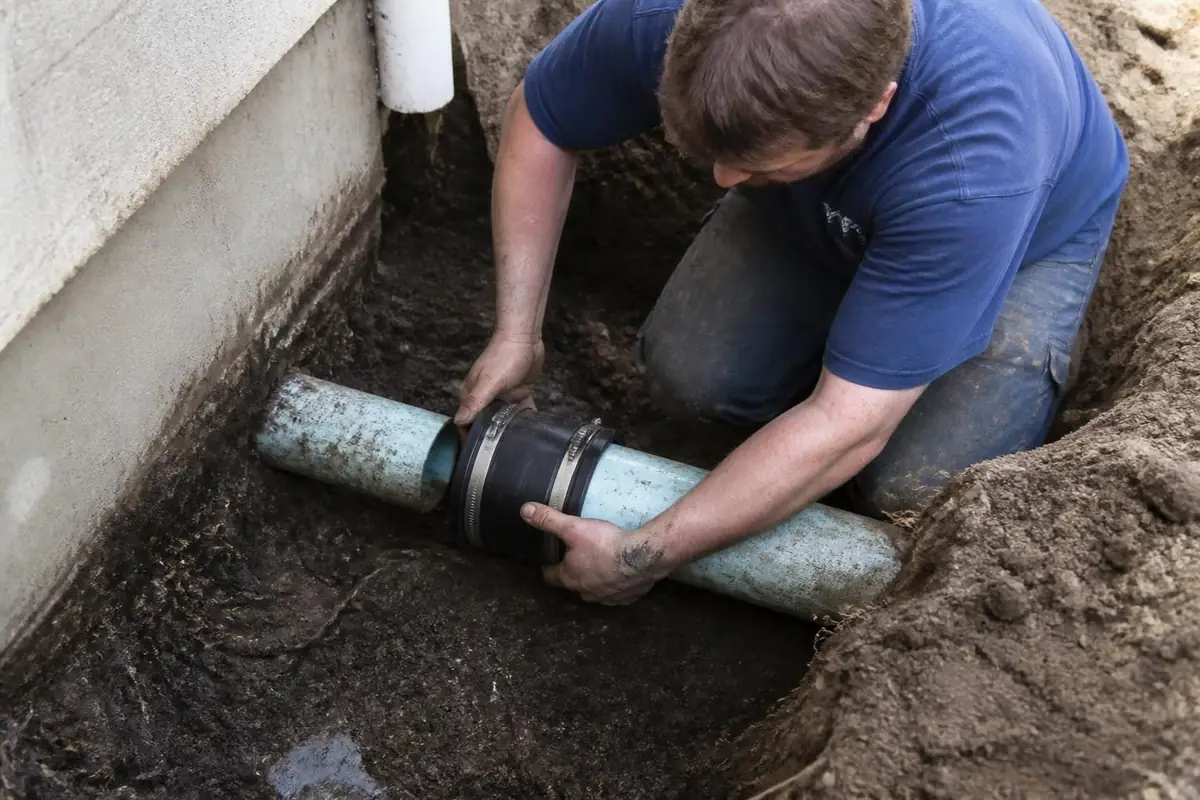 Plumber fitting a rubber coupling onto a cut section of sewer pipe in a trench, sewer line repair in Raleigh, NC