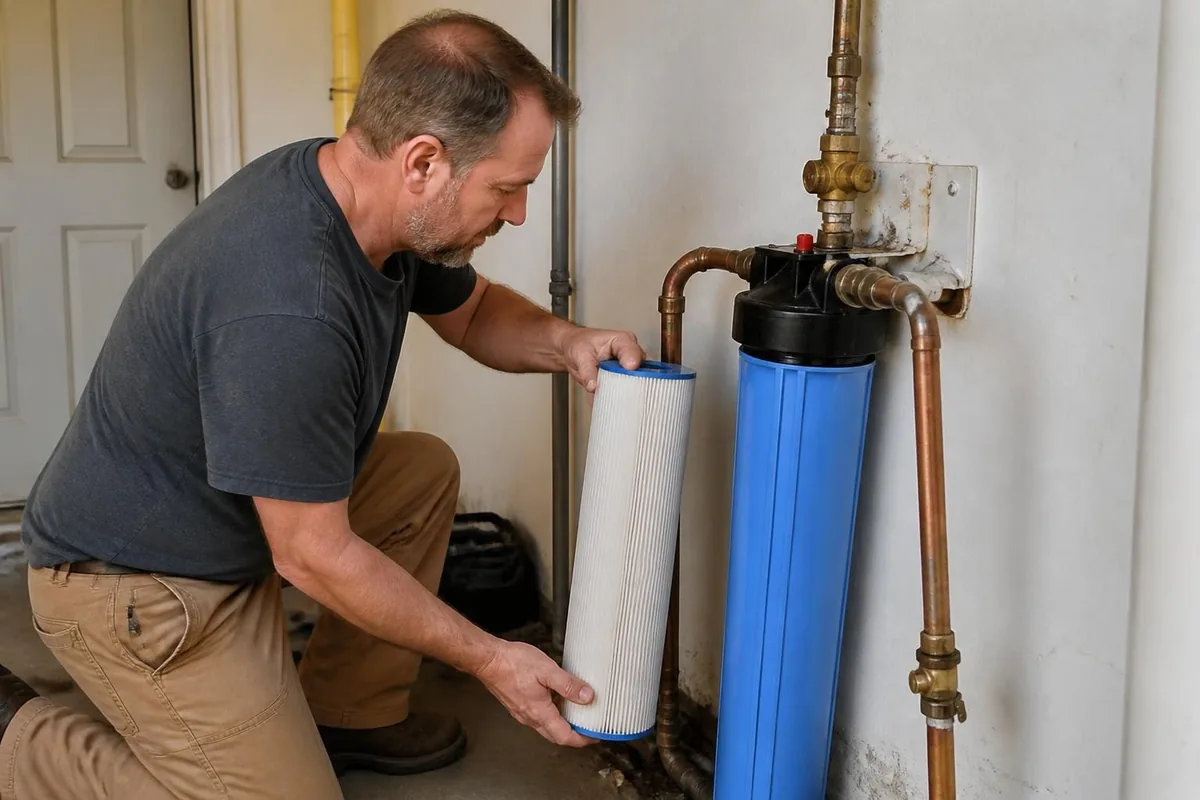 Plumber replacing a whole-house water filter cartridge, water softeners & filtration in Raleigh, NC